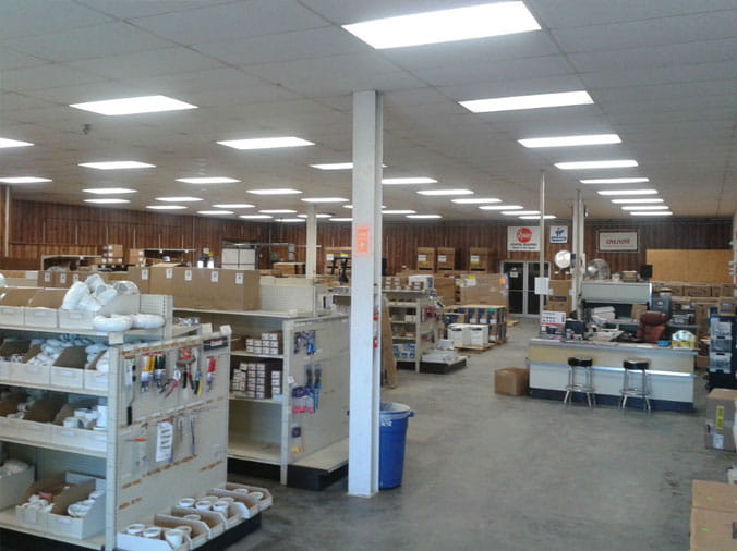 Shelves stocked with plumbing supplies at Dahl Wholesale PLumbing in Sterling CO